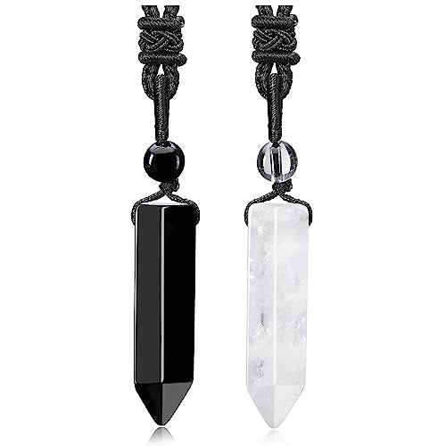 Top Plaza Healing Crystal Stone Necklaces for Men Hexagonal Pendant Necklaces Adjustable Braided Rope Natural Gemstone Necklace Jewelry Christmas Gift for Dad, Husband - color: Clear Quartz+Black Obsidian