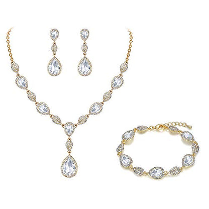 EleQueen Women's Wedding Bridal Jewelry Sets for Brides Bridesmaids, Cubic Zirconia Teardrop Necklace Tennis Bracelet Dangle Earrings Jewellery Set - color: 05-Clear Gold-Tone