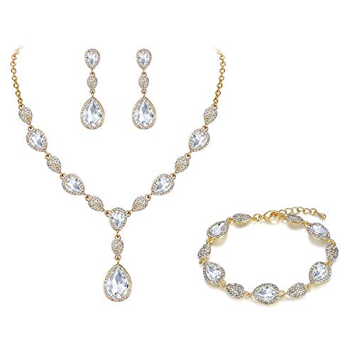EleQueen Women's Wedding Bridal Jewelry Sets for Brides Bridesmaids, Cubic Zirconia Teardrop Necklace Tennis Bracelet Dangle Earrings Jewellery Set - color: 05-Clear Gold-Tone