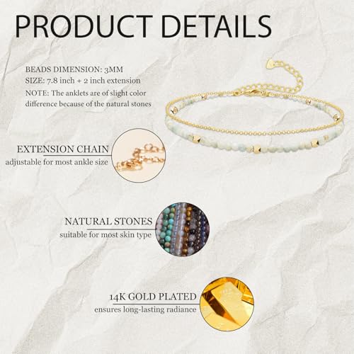 Gold Ankle Bracelet for Women Waterproof, Dainty Natural Stone Bead Anklet Adjustable Double Ankle Chain Summer Beach Boho Foot Jewelry Anniversary Birthday Gifts - color: Amazonite