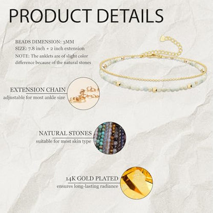 Gold Ankle Bracelet for Women Waterproof, Dainty Natural Stone Bead Anklet Adjustable Double Ankle Chain Summer Beach Boho Foot Jewelry Anniversary Birthday Gifts - color: Amazonite