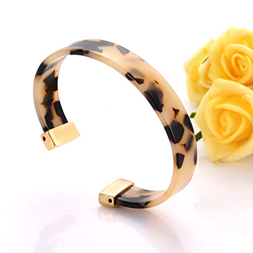 Open Cuff Bracelet Statement Acrylic Resin Lucite Cuff Bracelet Minimalist Tortoise Shell Bangles Bracelet Adjustable Lightweight Bangle - color: Leopard