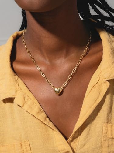 Robaice 14K Gold Plated Heart Pendant Necklace for Women | Simple non-tarnish heart jewelry for everyday wear, anniversaries, birthdays or meaningful gifting - color: Paperclip Chain, Gold