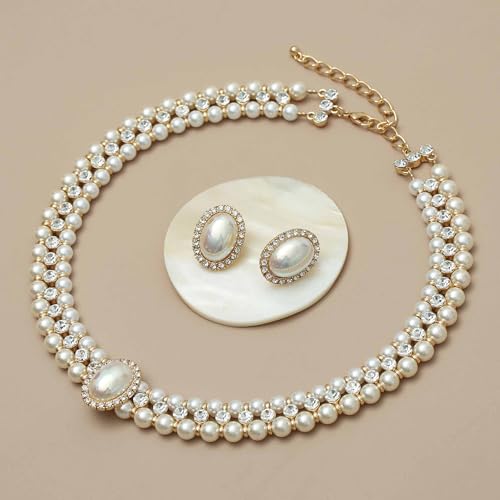S SUSANN Costume Layered Twisted Gold Pearl Necklace Choker Chunky Glass Statement Pearl Necklace and Earring set, good gift for women Faux pearl necklace set - style: AB shell charm pearl necklace