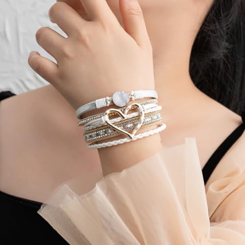 Rantanto Leather Wrap Bracelets For Women Gold Twist Lock Buckle Wrist Cuff | PU leather,Skin-friendly,Boho Stackable Wristband,Fashion Daily Jewelry,Trend Casual Party Bangle,Fit For Birthday, Holiday - color: Heart White
