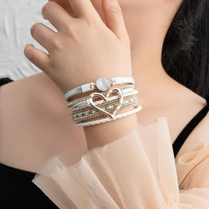 Rantanto Leather Wrap Bracelets For Women Gold Twist Lock Buckle Wrist Cuff | PU leather,Skin-friendly,Boho Stackable Wristband,Fashion Daily Jewelry,Trend Casual Party Bangle,Fit For Birthday, Holiday - color: Heart White