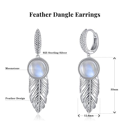AVECON Feather Earrings for Women with 10mm Round Moss Agate/Moonstone/Mother of Pearl 925 Sterling Silver Dangle Earrings Lever Back Drop Earrings Jewelry Gifts for Her