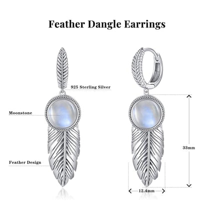 AVECON Feather Earrings for Women with 10mm Round Moss Agate/Moonstone/Mother of Pearl 925 Sterling Silver Dangle Earrings Lever Back Drop Earrings Jewelry Gifts for Her