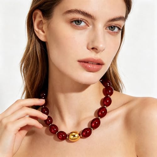 Chunky Beads Necklace for Women Trendy Gold Puffy Heart Choker Necklace Colorful Resin Beaded Heart Pendant Necklaces Statement Jewelry - color: Oval Beads-Dark Red