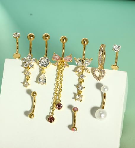 Dangle Floating Gold Belly Button Ring Surgical Stainless Steel Navel Piercing Set Hypoallergenic Small 14g Belly ring Heart Short Cute Pink Dangly Belly Piercing Jewelry for Women - color: gold