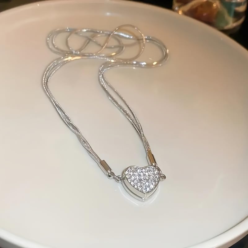 1 Pc, Silver Tone Layered Necklace, CZ Crystal Heart Pendant & Snake Chain, Dainty Shiny Style Jewelry (Silver)