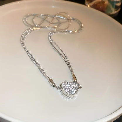 1 Pc, Silver Tone Layered Necklace, CZ Crystal Heart Pendant & Snake Chain, Dainty Shiny Style Jewelry (Silver)