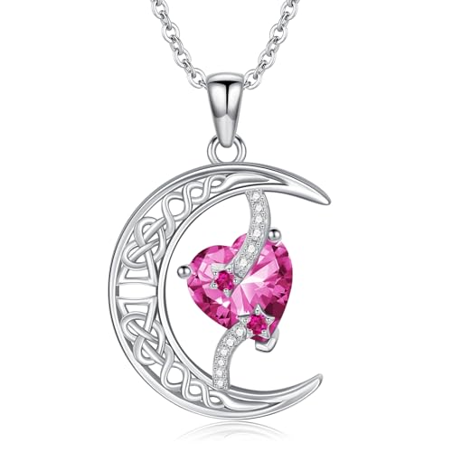 TOUPOP Moon and Star Birthstone Necklace for Women 925 Sterling Silver Celtic Moon Jewelry Birthday Mothers Day Gifts for Mom Wife Her - color: 10-October-Pink Tourmaline