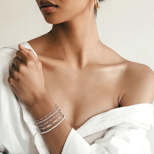 Gold Bracelets for Women, 14K Gold Plated Stackable Bracelet Stack Set Adjustable Charm Paperclip Chain Cuban Link Layered Waterproof Jewelry Sets Gifts for Womens 6.5 Inch - color: Silver-A 6.0 IN