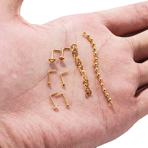 20G Stainlesss Steel Nose Rings Stud Nose Chain Piercing Across Double Nose Stud Womens Nostril Piercing Jewelry - color: L Shaped Gold