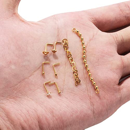20G Stainlesss Steel Nose Rings Stud Nose Chain Piercing Across Double Nose Stud Womens Nostril Piercing Jewelry - color: L Shaped Gold