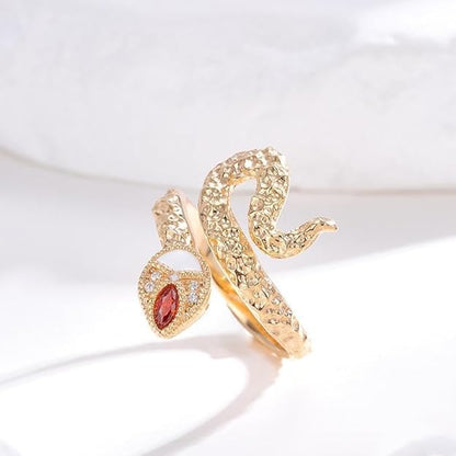 14K Gold-Tone Sterling Silver Adjustable Serpent Ring withRed Zirconia Eyes - Mysterious Snake Jewelry for Women
