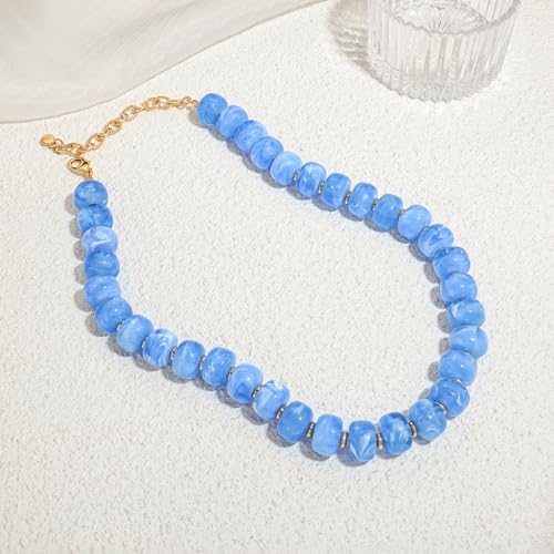 Chunky Beaded Necklace for Women Trendy Multicolor Resin Beads Choker Necklaces Boho Summer Statement Necklace Chunky Heart Jewelry - color: Bead necklace-light blue