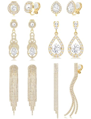 6 Pairs Clip on Earrings for Women Non Pierced Sparkly Rhinestone CZ Drop Dangle Earrings Long Tassel Chandelier Earring Clips for Brides Bridesmaids Wedding Prom Stage Jewelry Gold Silver Plated - color: Gold