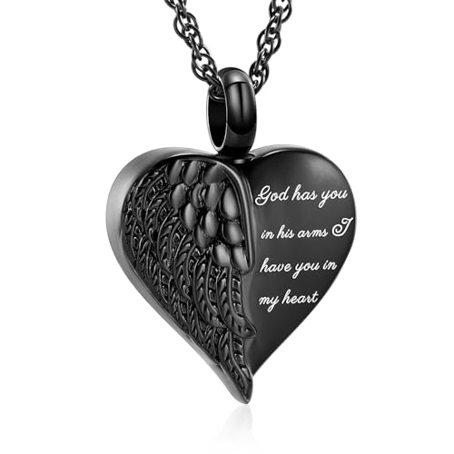 shajwo Cremation Heart Urn Necklace Ashes Jewelry for Women Men Keepsake Pendant Memorial Locket Ash Holder - color: Wing-G1 Black