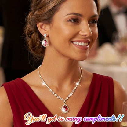 Unicra Bride Crystal Necklace Earrings Set Bridal Wedding Jewelry Sets Rhinestone Choker Necklace Prom Costume Jewelry Set for Women and Brides - color: Gold Red