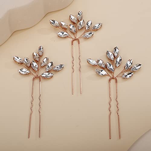 Teyglen 3pcs Bridal Crystal Hair Pins Rhinestones Hair Pieces Simple Crystal Wedding Hair Accessories Handmade Hair Pins for Women Bride Girls (Rose Gold) - color: Rose Gold