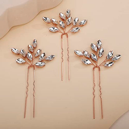 Teyglen 3pcs Bridal Crystal Hair Pins Rhinestones Hair Pieces Simple Crystal Wedding Hair Accessories Handmade Hair Pins for Women Bride Girls (Rose Gold) - color: Rose Gold