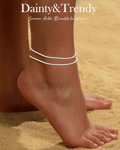 Gold Silver Ankle Bracelets for Women Waterproof 14K Gold Plated Anklets for Women Non Tarnish Dainty Layered Beaded Heart Anklet Set Summer Beach Foot Chain Jewelry Gifts Trendy Stuff - color: B- Layered Anklets- Silver