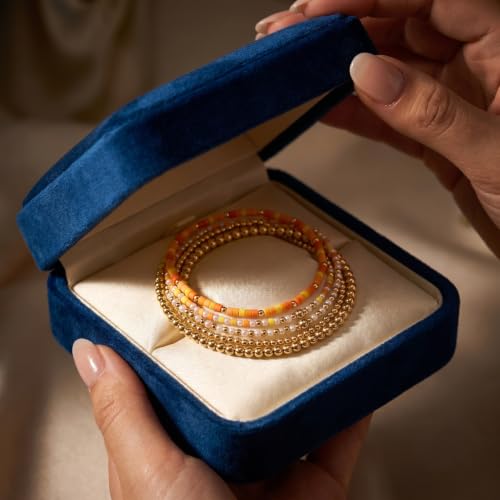 14K Gold Plated Beaded Bracelets Stack Set for Women,Stretch Boho Ball Jewelry Friendship Trendy - color: Orange