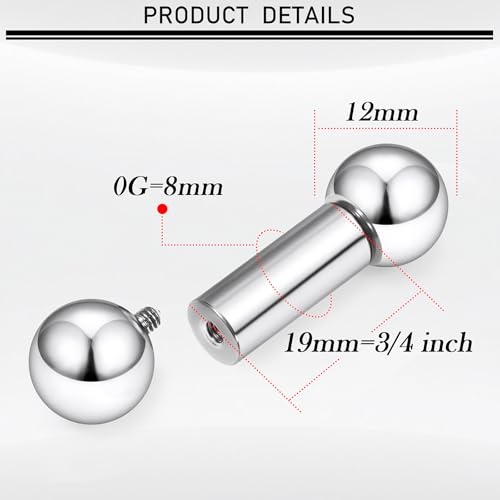 16G-00G Tongue Rings Nipple Piercings Internally Threaded Straight Barbell 316L Surgical Steel Body Piercing Jewelry for Women Men Black silver 12mm 14mm 16mm 19mm Bars Length - color: Silver, size: 0G(8mm)-19mm barbells-12mm Balls