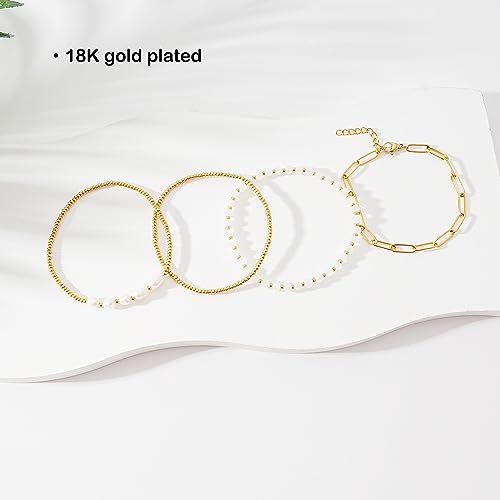 Dainty Gold Plated Pearl Crystal Beaded Bracelets Set for Women 14K Gold Plated Bead Pearl Beads Bracelet Stackable Paperclip Link Chain Bracelets Gold Plated Bracelets for Women Trendy Jewelry - color: Style2-crystal(18k gold plated)
