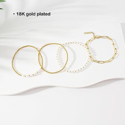 Dainty Gold Plated Pearl Crystal Beaded Bracelets Set for Women 14K Gold Plated Bead Pearl Beads Bracelet Stackable Paperclip Link Chain Bracelets Gold Plated Bracelets for Women Trendy Jewelry - color: Style2-crystal(18k gold plated)