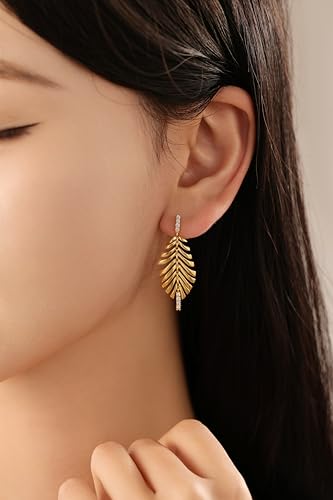 Sylph 14K 18K Gold Plated Chandelier Earrings for Women, Long Tassel Earring Huggie, Silver Leaf Dangle Drop Earrings, Dainty Bohemian Jewelry Gifts for Wedding Everyday Wear - color: D-Lightweight Feather Earrings Gold Plated
