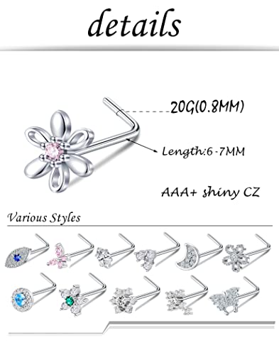 Akeoqi 12Pcs Nose Rings Stud L Shape Nose Rings Cubic Zirconia Butterfly Flower Eye Moon Crown Heart Lightning Shape Nose Studs Piercing Jewelry for Women Men Silver Gold Plated 20G - style: B:Eye