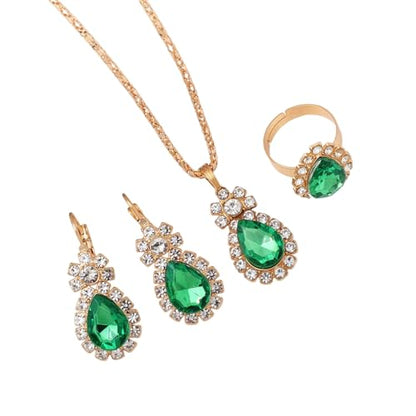 Teardrop/Heart Crystal Jewelry Set for Women, Gold Tone Rhinestone Necklace Earrings Ring Set, Wedding Bridal Prom Party Jewelry Gift - color: Green (teardrop)