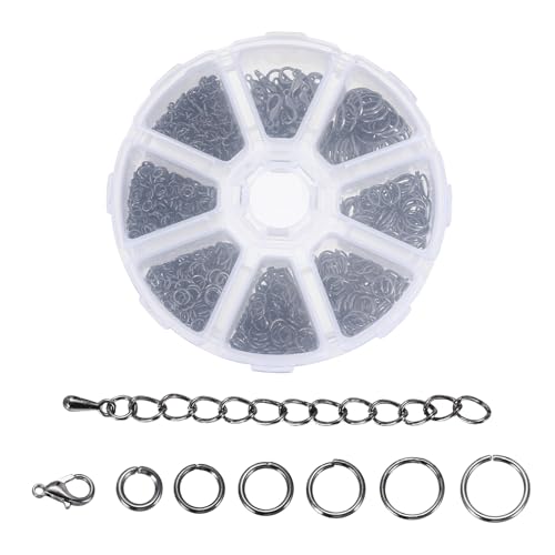 MECCANIXITY 1320Pcs Jump Rings for Jewelry Making, 8 Sizes Jewelry Making Kit with Lobster Clasps & Chains for Keychains Earings Necklace Repairing DIY Black - color: Black