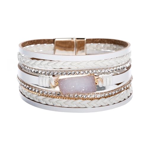 Vercret Leather Wrap Bracelet for Women, Multi-Layer Cuff Bangle | Boho Stacked Bracelets with Safe Clasp Western Bangle Jewelry Gift for Lady and Mom Sister Friend - style: Druzy White