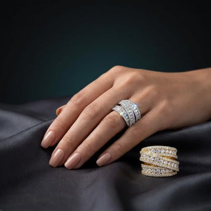 MDFUN Halo Eternity Rings Wedding Bands, 3 Rows Round Cut Cubic Zirconia Statement Rings, 18K White Gold/Yellow Gold Plated Wedding Band for Women Size 5-10 - color: Yellow Gold