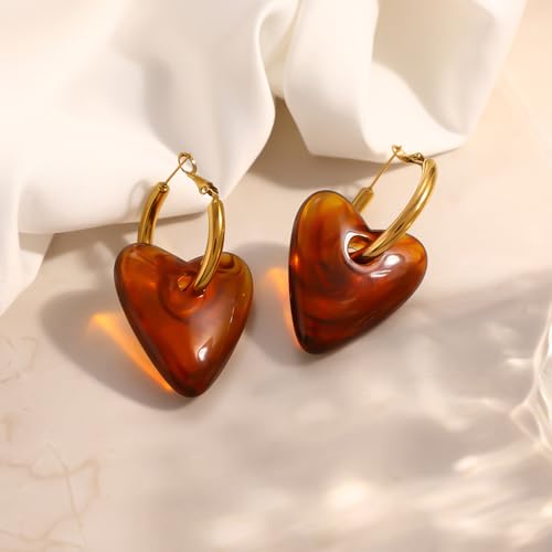 Amber Heart Dangle Drop Hoop Earrings Stainless Steel Huggie Hoops Retro Puffy Tortoiseshell Resin Love Hearted Dangling Statement Earring Vintage Birthday Jewelry for Women Lover