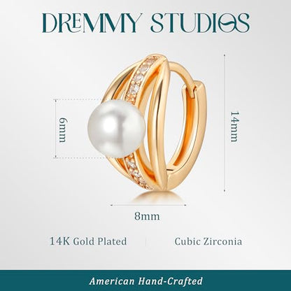 DREMMY STUDIOS Gold Dainty Huggie Hoop Earrings 18K Gold Plated Exquisite Open Tassel Dangle Charm Drop Sleeper Geometric Cross Coin Star Heart White CZ Simple Hypoallergenic Earrings for Women - color: Pearl Hoop