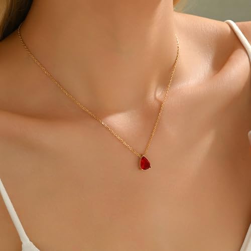 Cubic Zirconia Necklaces for Women 18K Gold Plated Tear drop Necklace Dainty Layered CZ Lariat Diamond Necklace - color: Red Teardrop-Gold