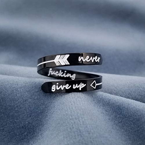 Opening Black Keep Going ring Stainless Steel Adjustable Never give up Jewelry Inspirational Opening Stacking Cute Hiphop Band - style: Never give up