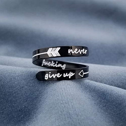 Opening Black Keep Going ring Stainless Steel Adjustable Never give up Jewelry Inspirational Opening Stacking Cute Hiphop Band - style: Never give up