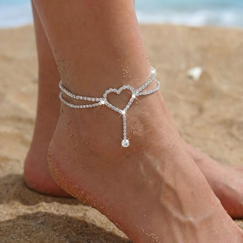 Fesciory Silver Ankle Bracelets for Women, Adjustable Rhinestone Pendant Tennis Anklet, Butterfly Heart Infinite Diamond Summer Beach Foot Chain Jewelry Gifts - style: Layered Heart1