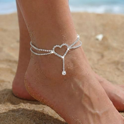 Fesciory Silver Ankle Bracelets for Women, Adjustable Rhinestone Pendant Tennis Anklet, Butterfly Heart Infinite Diamond Summer Beach Foot Chain Jewelry Gifts - style: Layered Heart1