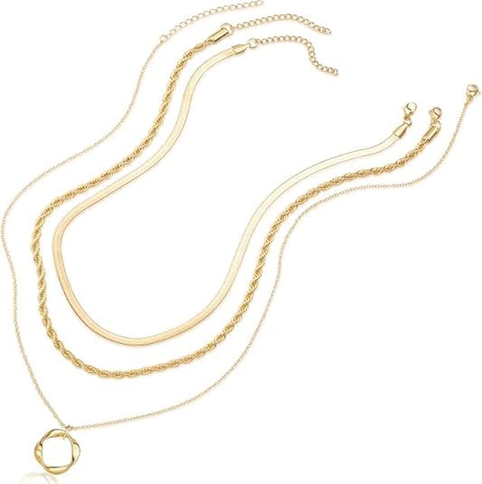 Evabelle Gold Layered Necklace for Women Trendy Jewelry 14K Real Gold Plated Chunky Chain Stackable Necklaces Dainty Choker Necklaces Rectangle Square Pendant - color: Gold Necklace 03