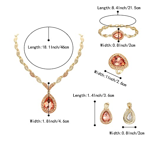 Womens Africa 18k Gold Plated Jewelry Set Crystal Rhinestones Petals Teardrop Cluster Bib Statement Necklace Link Bracelet Dangle Earrings Ring for Prom - color: 06-Peach Rose-Gold-Plated-Base