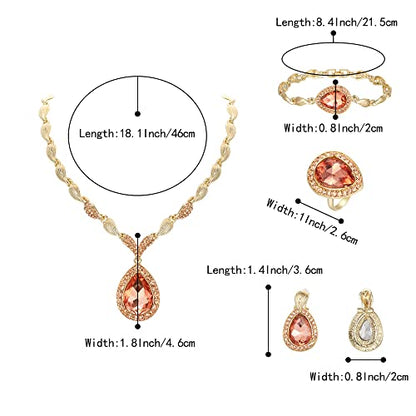 Womens Africa 18k Gold Plated Jewelry Set Crystal Rhinestones Petals Teardrop Cluster Bib Statement Necklace Link Bracelet Dangle Earrings Ring for Prom - color: 06-Peach Rose-Gold-Plated-Base