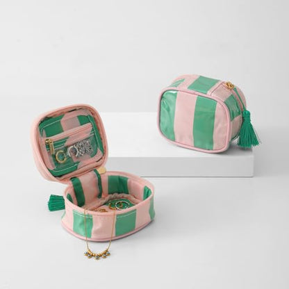 Travel Jewelry Case, Pink and Green | Clear Coated, Stripe, Tassels, Mini Storage Box for Ring,Necklace,Bracelet,Gift - color: Pink Green