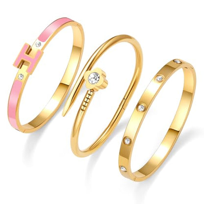 3Pcs Gold Bracelets for Women 14K Gold Plated Love/H/Nail Bangle Bracelet Dainty Non Tarnish Bracelet Jewelry Christmas Mothers Day Gifts for Women - color: 3Pcs Gold/Pink H bracelet